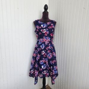 Elle Women's Sleeveless Navy Blue Pink Floral  Asymmetrical Lace Dress Sz S